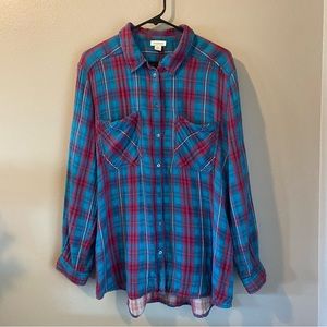 Sundance Blue & Pink Plaid Flannel Button Down Size XXL
